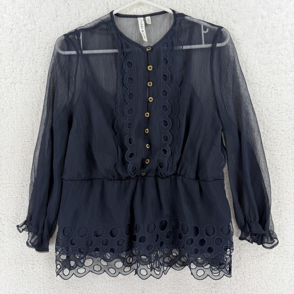 Robbi & Nikki Blouse Womens Medium Navy Sheer Eyelet Ruffle Long Sleeve Top NWT